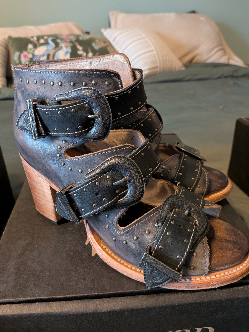 Freebird Black Studded Buckle Block Heel Sandals